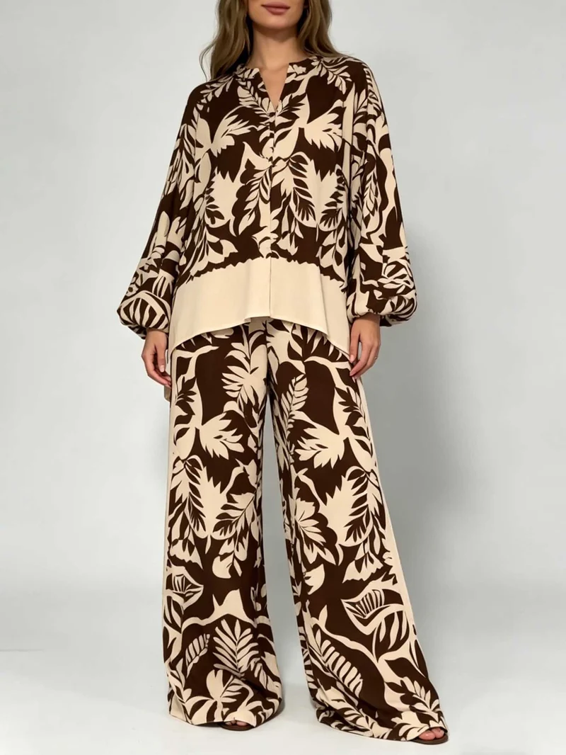 Bohemian Leaf Print V-Neck Satin Shirt & Wide-Leg Pants Set