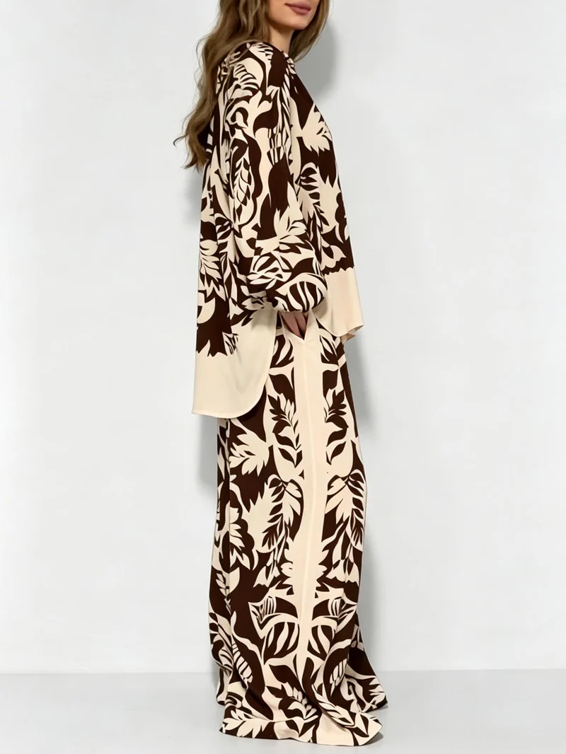 Bohemian Leaf Print V-Neck Satin Shirt & Wide-Leg Pants Set