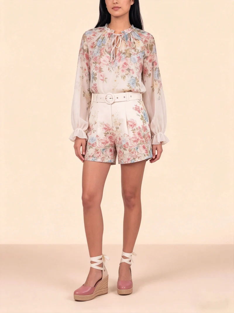 Exquisite Floral Print Long Sleeve Chiffon Shirt & Shorts Set