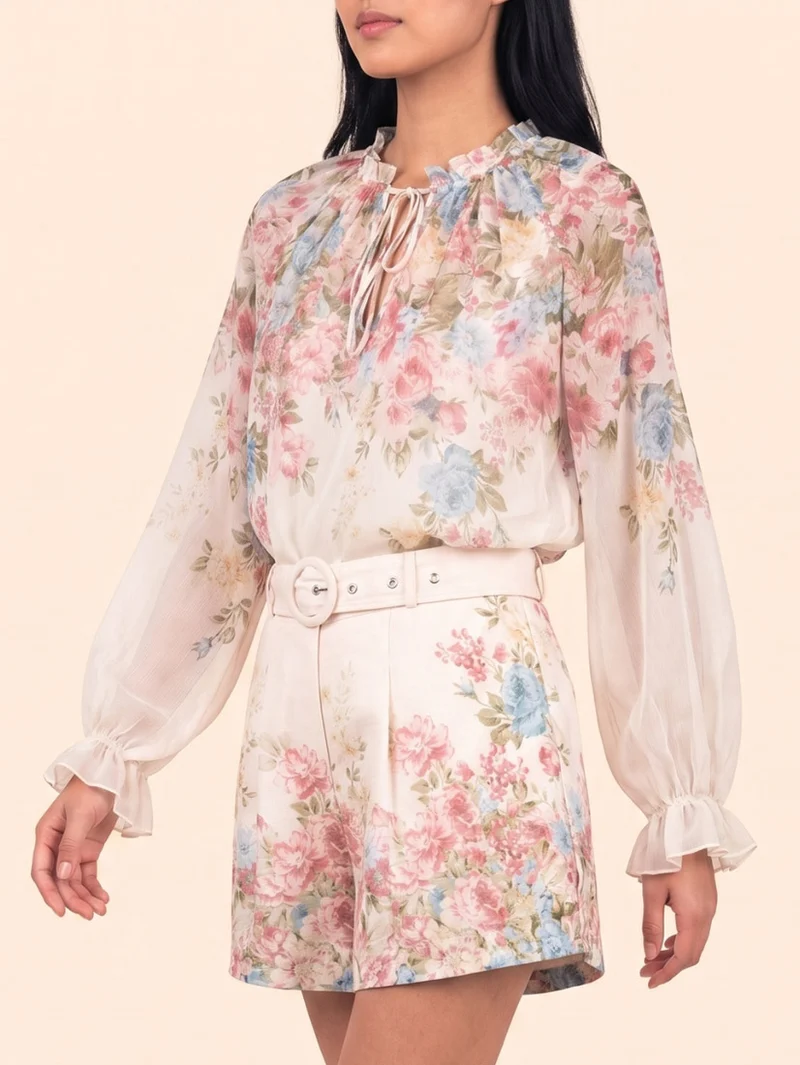 Exquisite Floral Print Long Sleeve Chiffon Shirt & Shorts Set