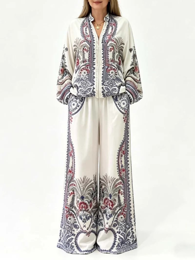 Elegant Paisley Print Zip-Up Shirt & Wide Leg Pants Set
