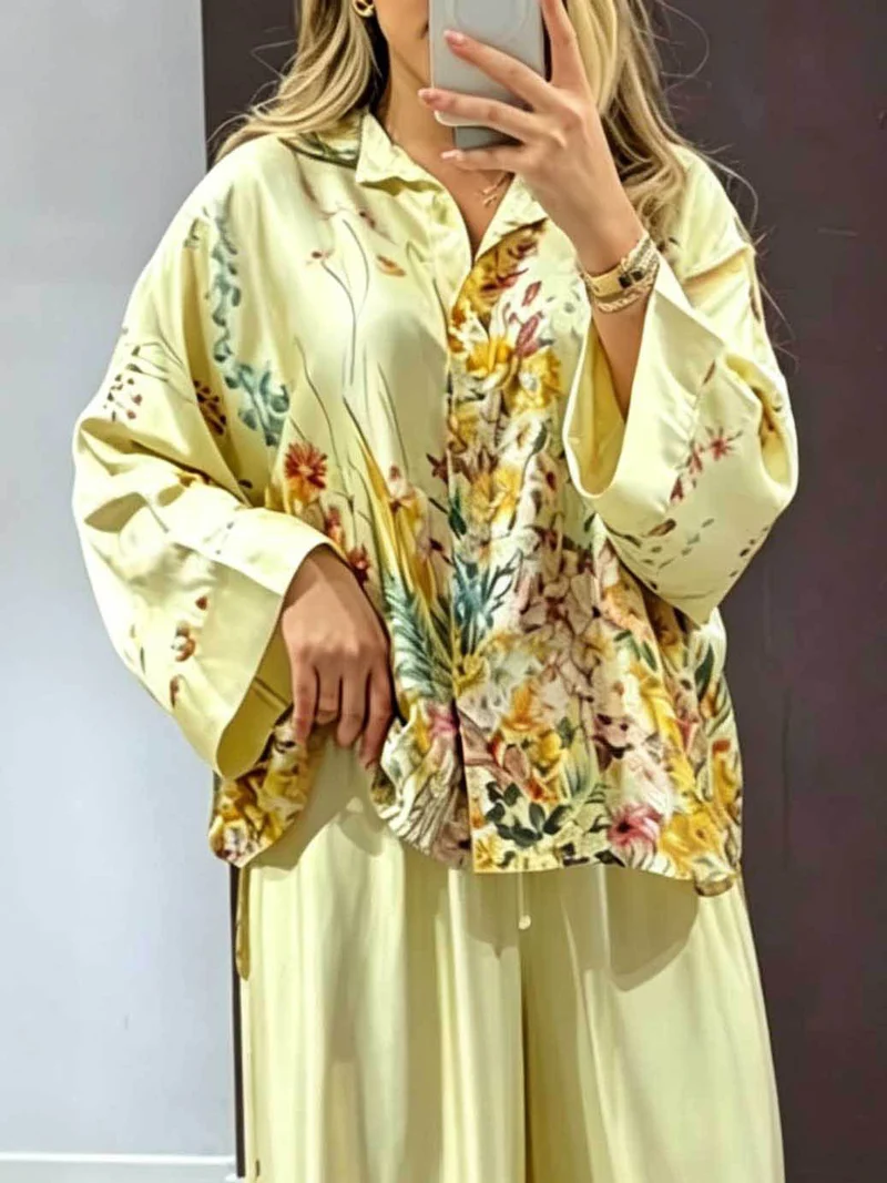 Elegant Floral Print Satin Button Shirt