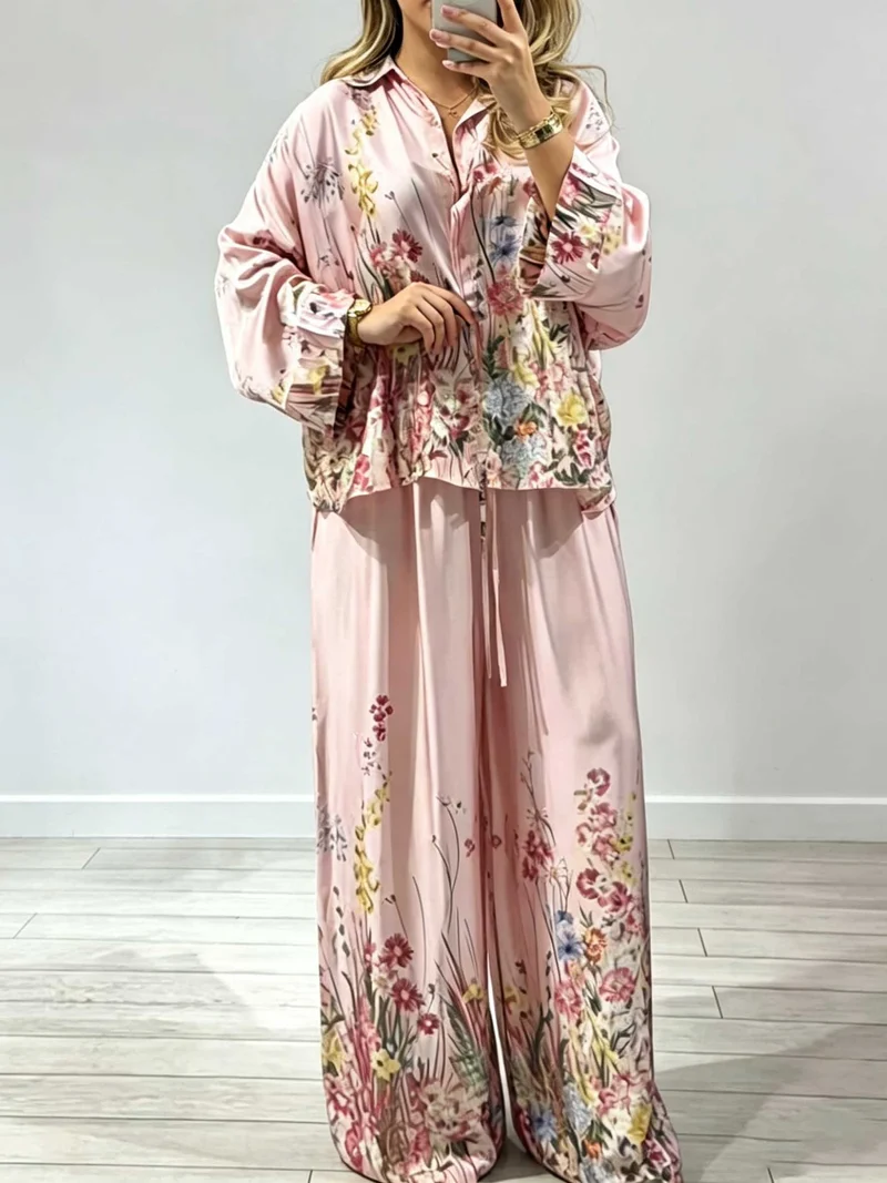 Elegant Floral Print Satin Wide Leg Pants