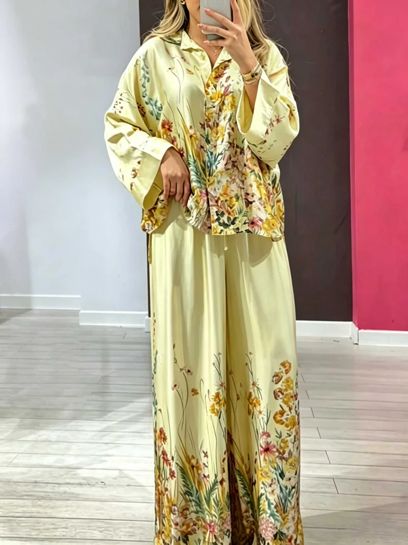 Elegant Floral Print Satin Wide Leg Pants