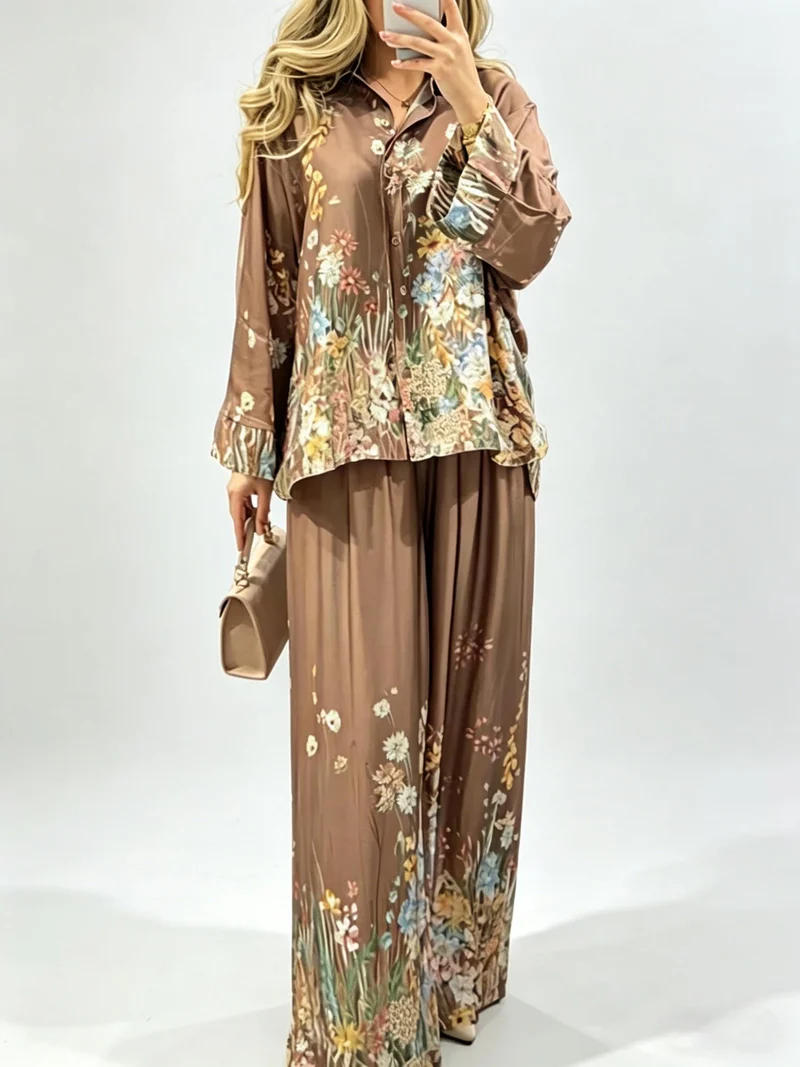 Elegant Floral Print Satin Wide Leg Pants