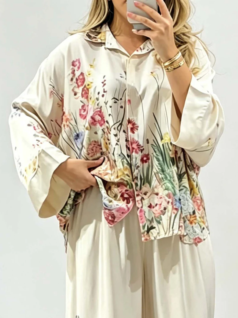 Elegant Floral Print Satin Wide Leg Pants