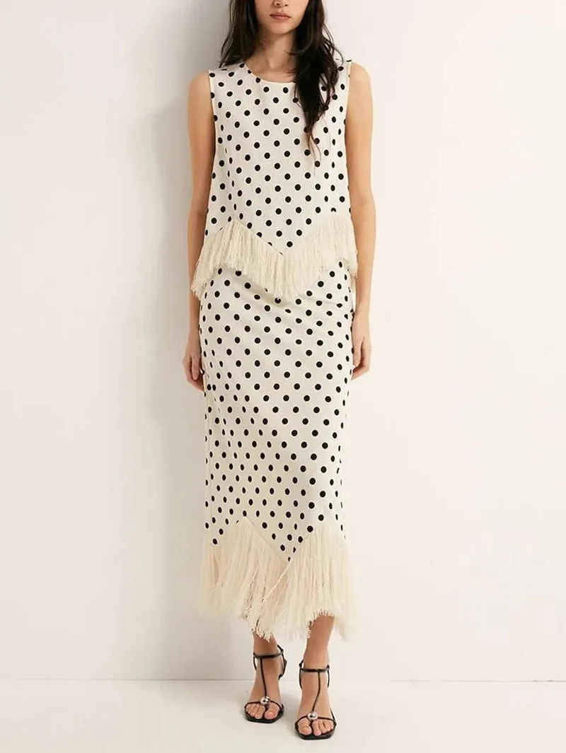 Elegant Polka Dot Fringed Asymmetrical Skirt Two-Piece Set