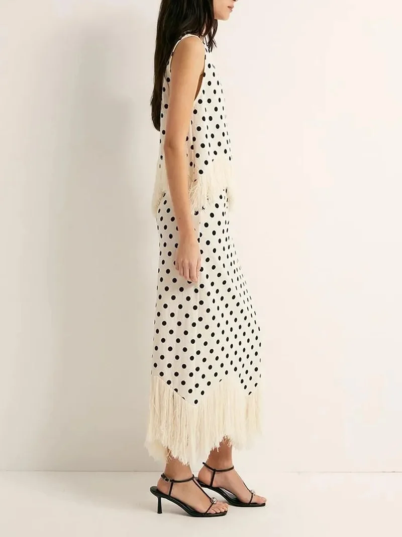 Elegant Polka Dot Fringed Asymmetrical Skirt Two-Piece Set