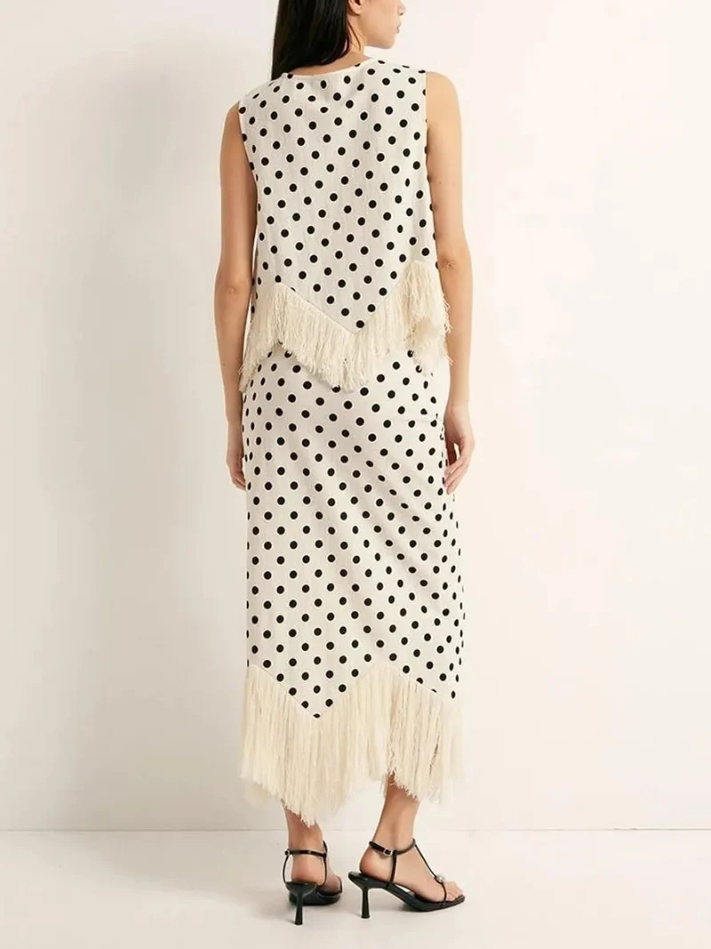 Elegant Polka Dot Fringed Asymmetrical Skirt Two-Piece Set