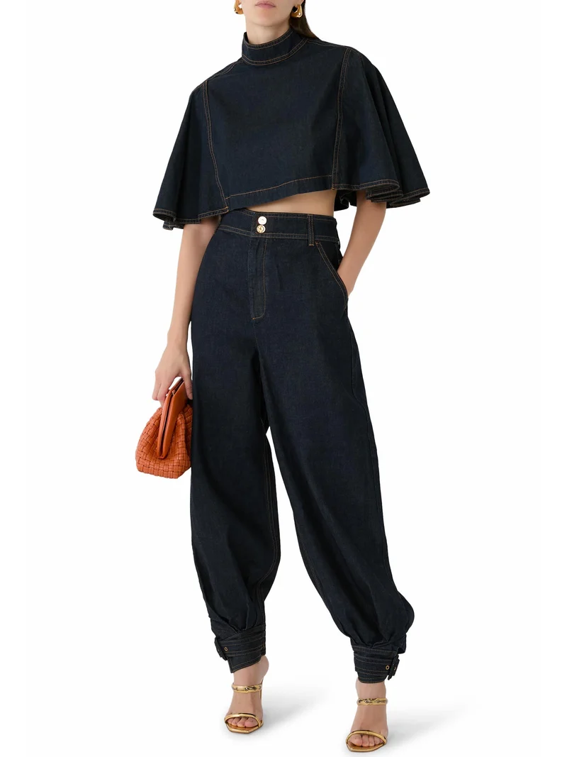 Modern Denim Cape Top & High-Waist Tapered Pants Two-Piece Set