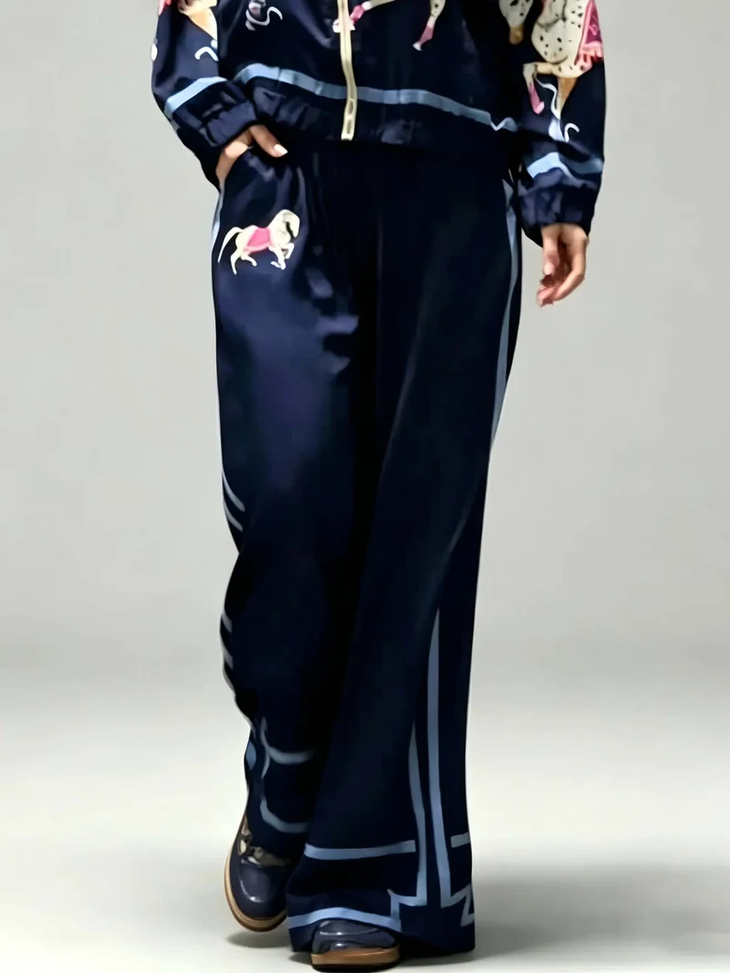 Exquisite Satin Horse Print Wide-Leg Pants