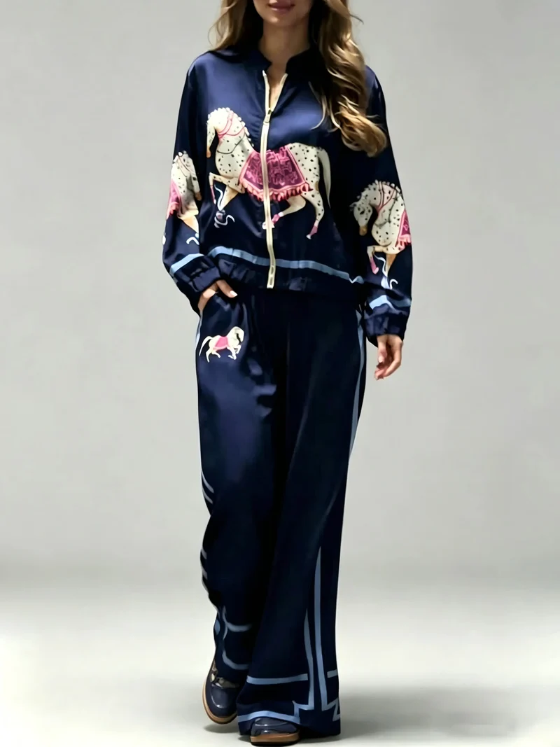 Exquisite Satin Horse Print Wide-Leg Pants
