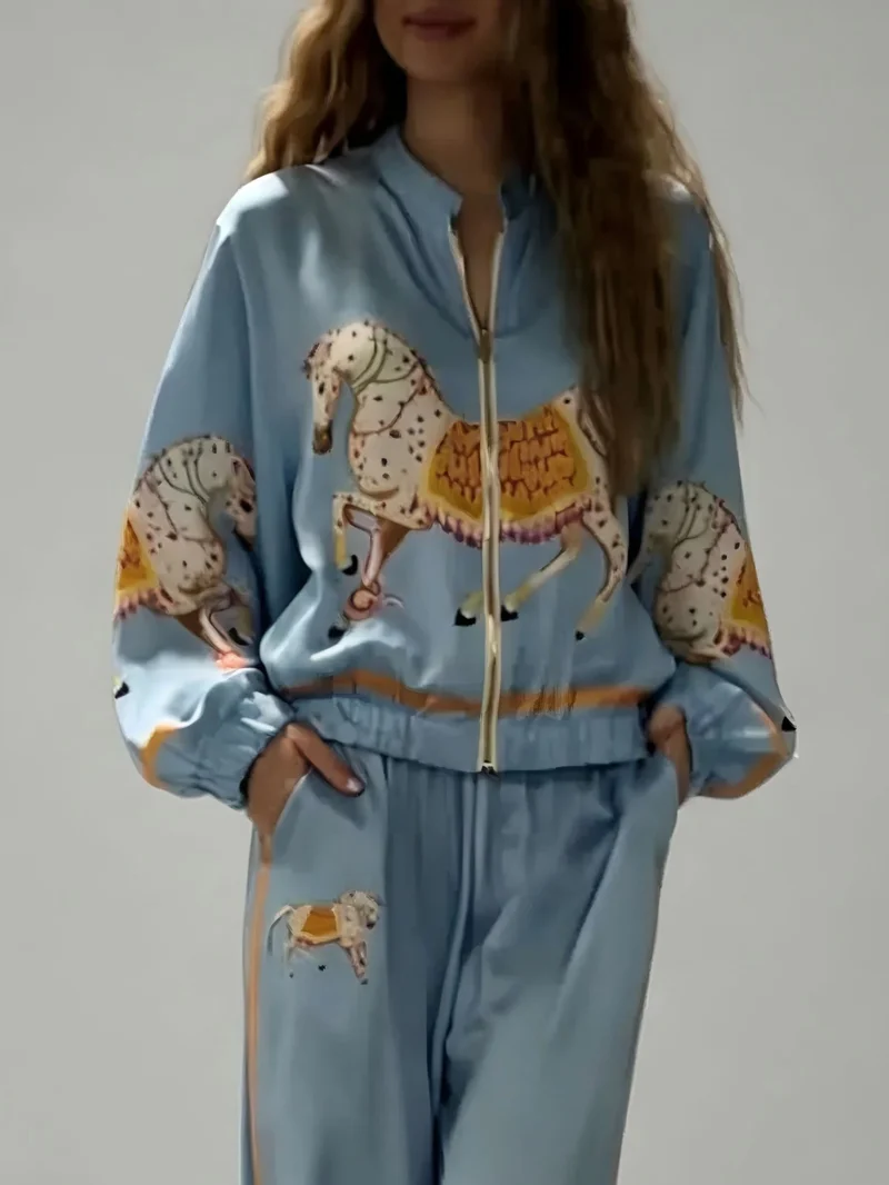 Exquisite Satin Horse Print Zip-Up Shirt