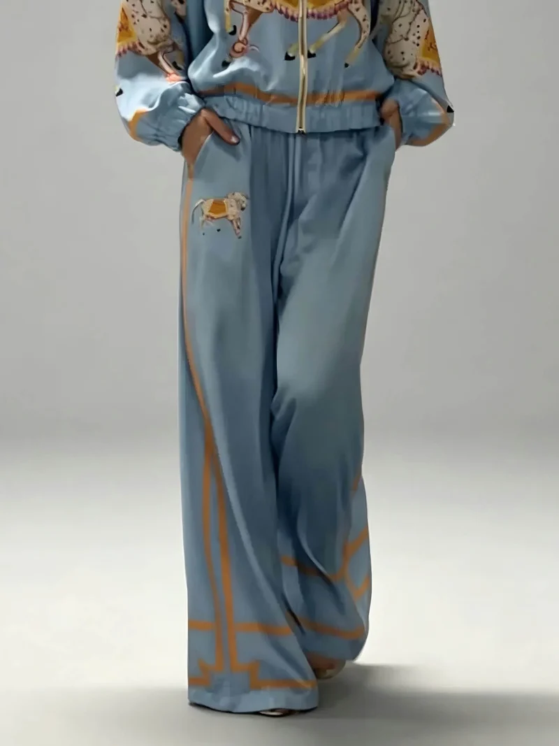 Exquisite Satin Horse Print Zip-Up Shirt