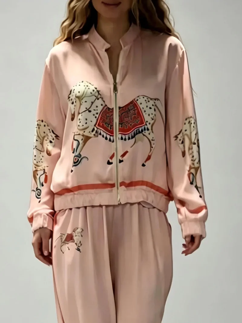 Exquisite Satin Horse Print Zip-Up Shirt