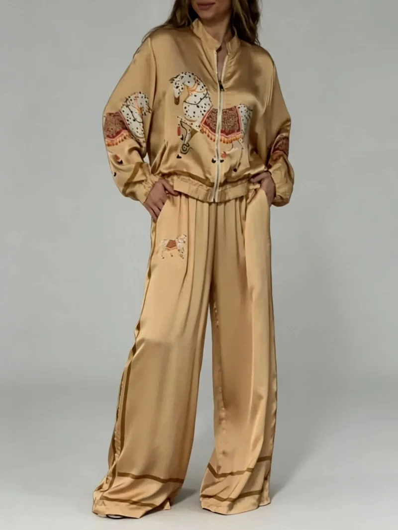 Exquisite Satin Horse Print Zip-Up Shirt