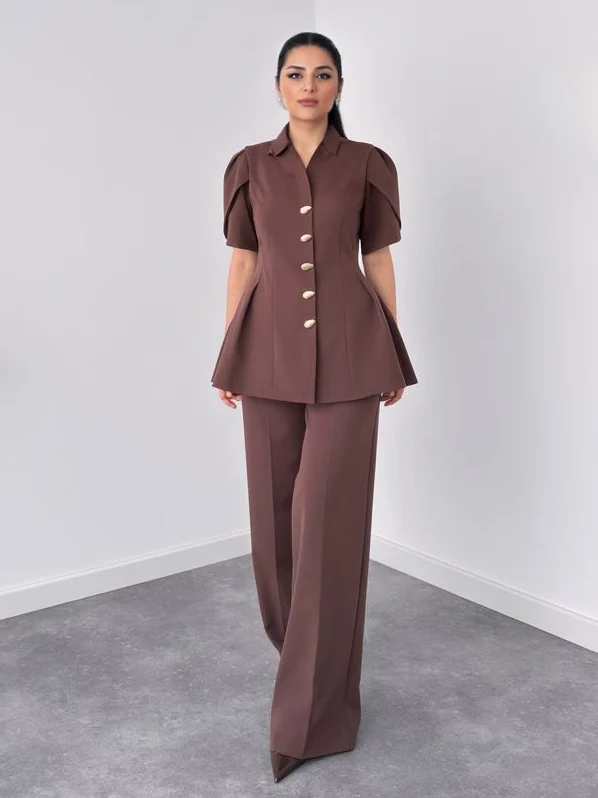 Elegant Puff Sleeve Top And Straight-Leg Trousers Two-Piece Set