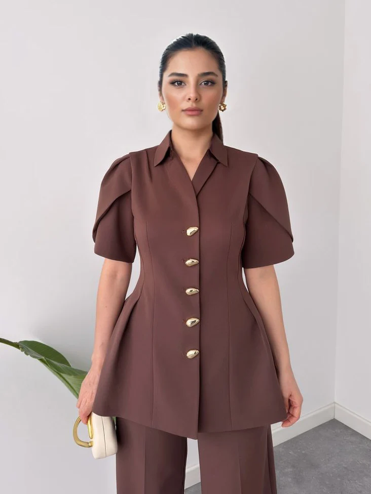 Elegant Puff Sleeve Top And Straight-Leg Trousers Two-Piece Set