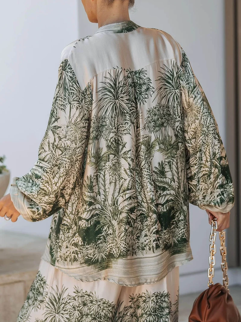 Casual Palm Leaf Print Loose-fitting Shirt