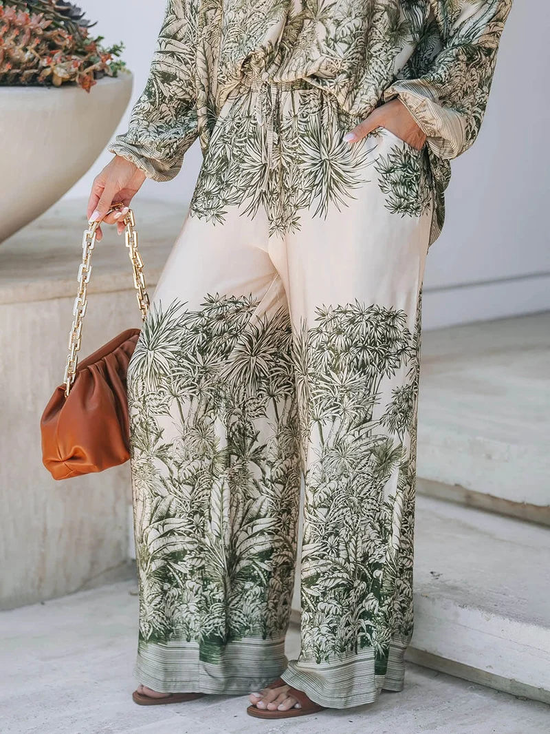 Casual Palm Leaf Print Elastic Waist Wide-Leg Pants