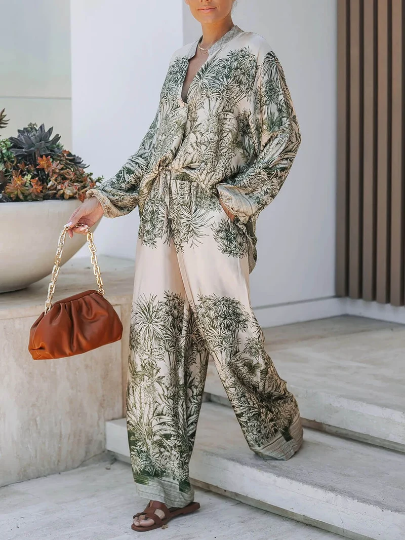 Casual Palm Leaf Print Elastic Waist Wide-Leg Pants