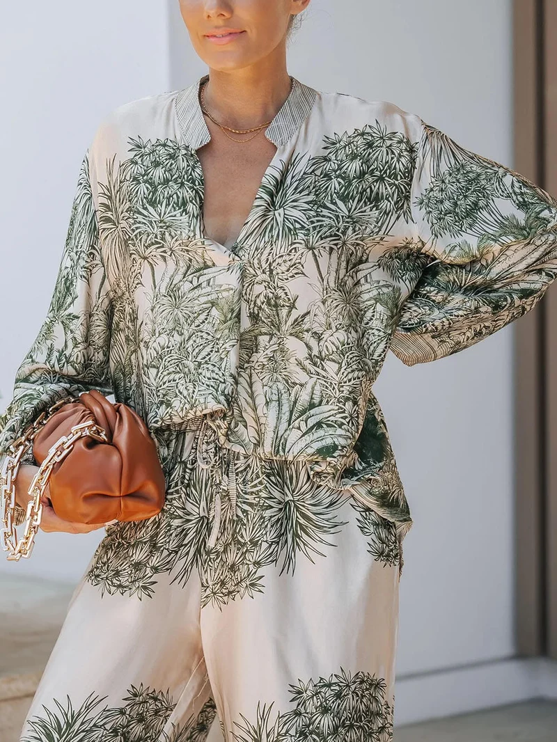 Casual Palm Leaf Print Elastic Waist Wide-Leg Pants