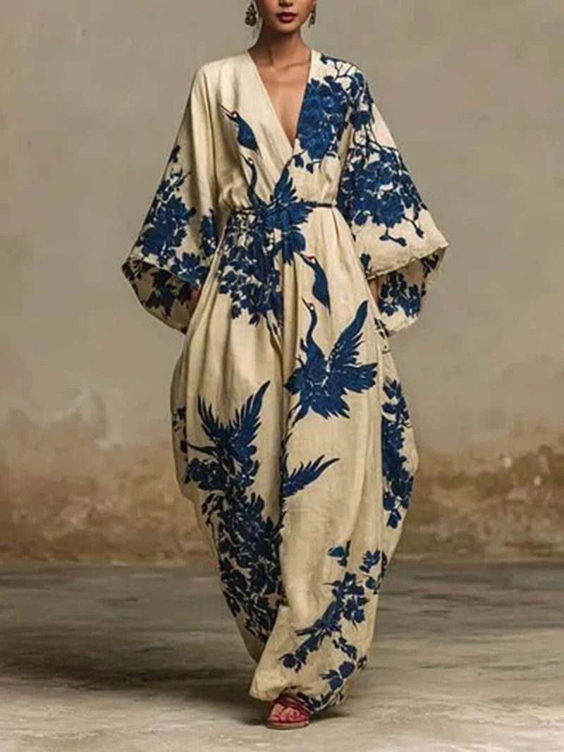 Casual Animal Print Vacation V-Neck Linen Loose Jumpsuit