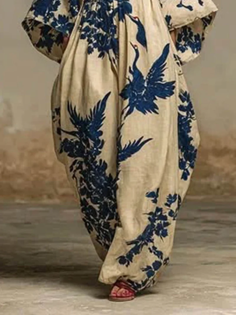 Casual Animal Print Vacation V-Neck Linen Loose Jumpsuit