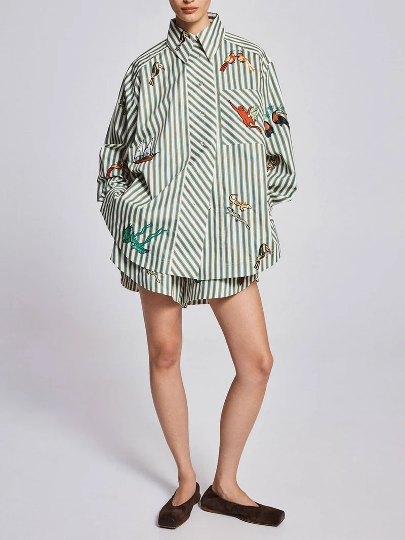 Unique Striped Print Button-Up Long-Sleeve Shirt and Elastic Waist Drawstring Shorts Set