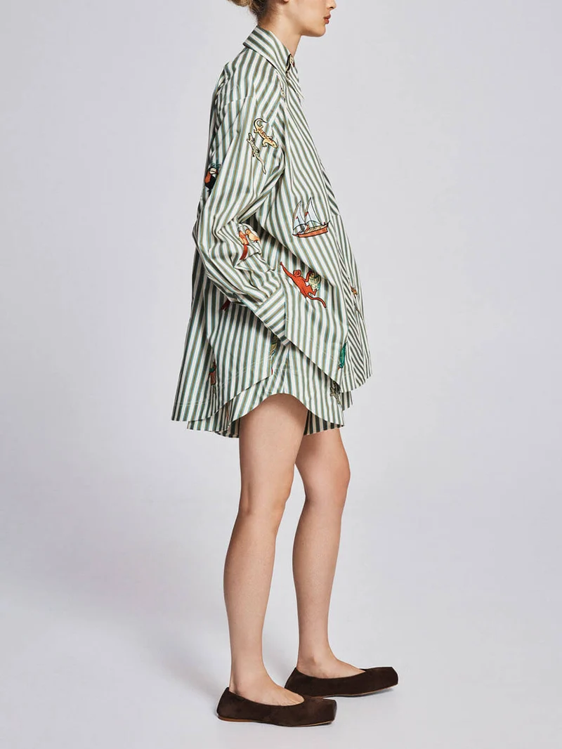 Unique Striped Print Button-Up Long-Sleeve Shirt and Elastic Waist Drawstring Shorts Set