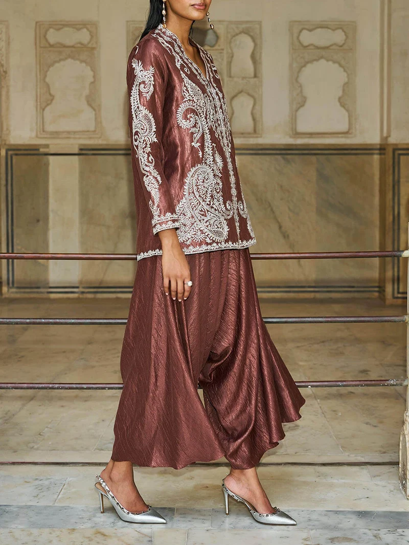 Unique Paisley Pattern V-Neck Loose Top And Pleated Harem Wide-Leg Pants Set