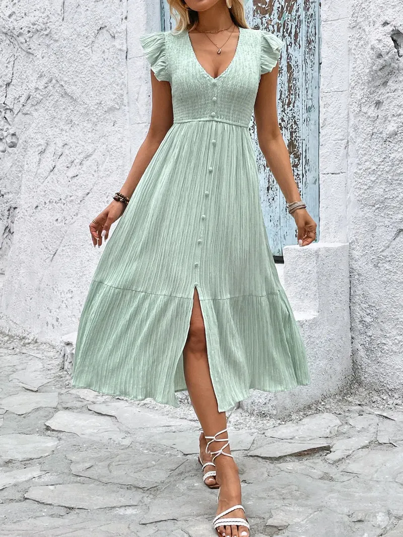 Robe à manches courtes et col en V à volants