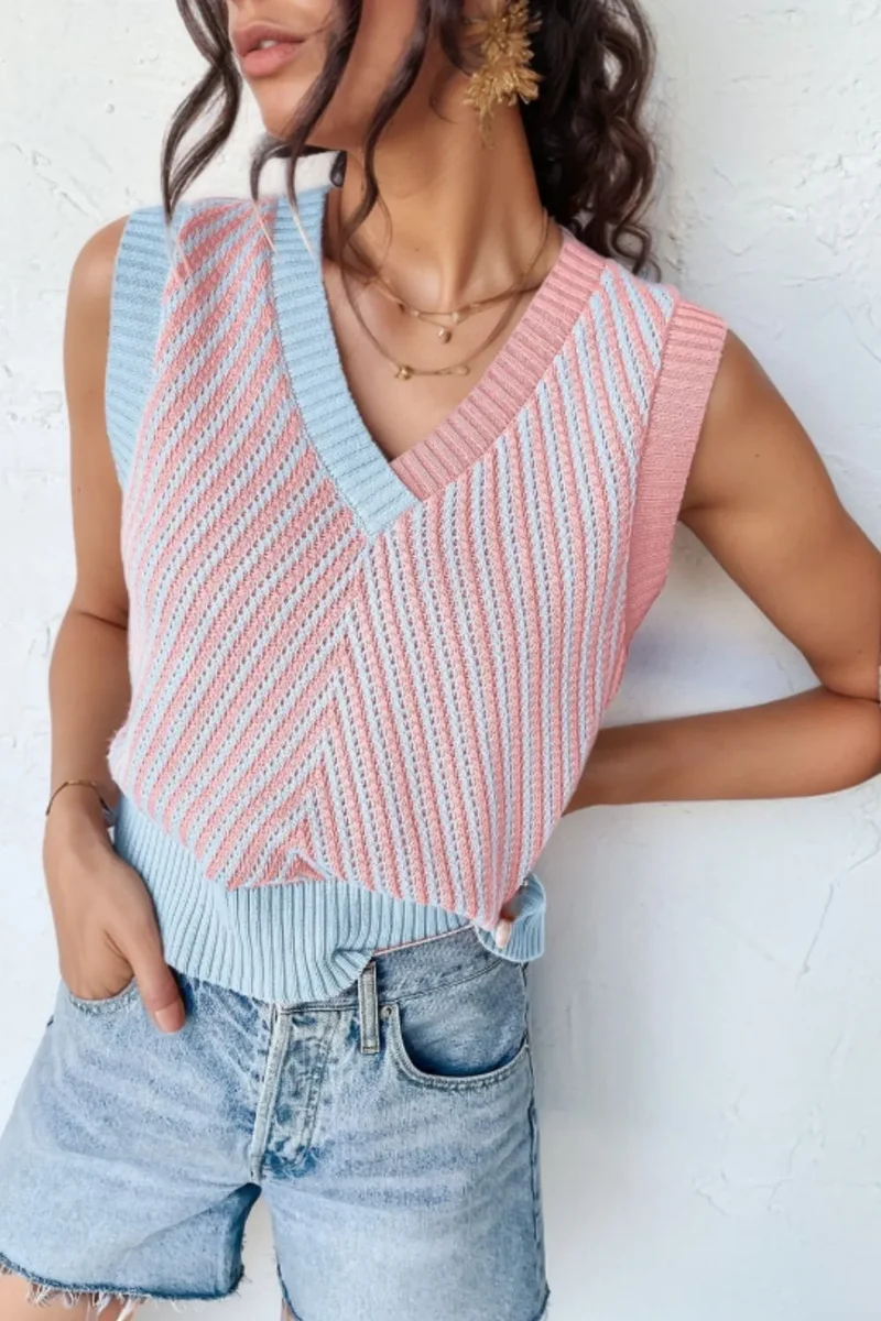Gilet pull contrasté à col en V