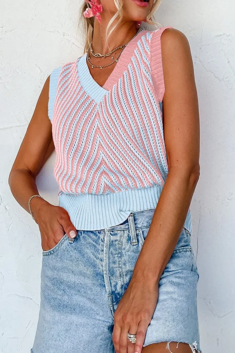 Gilet pull contrasté à col en V