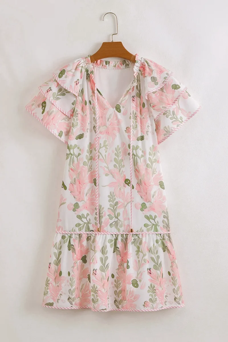 Mini-robe à manches courtes et bordures contrastées à fleurs