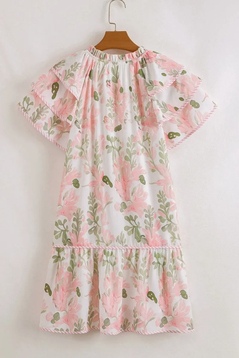 Mini-robe à manches courtes et bordures contrastées à fleurs