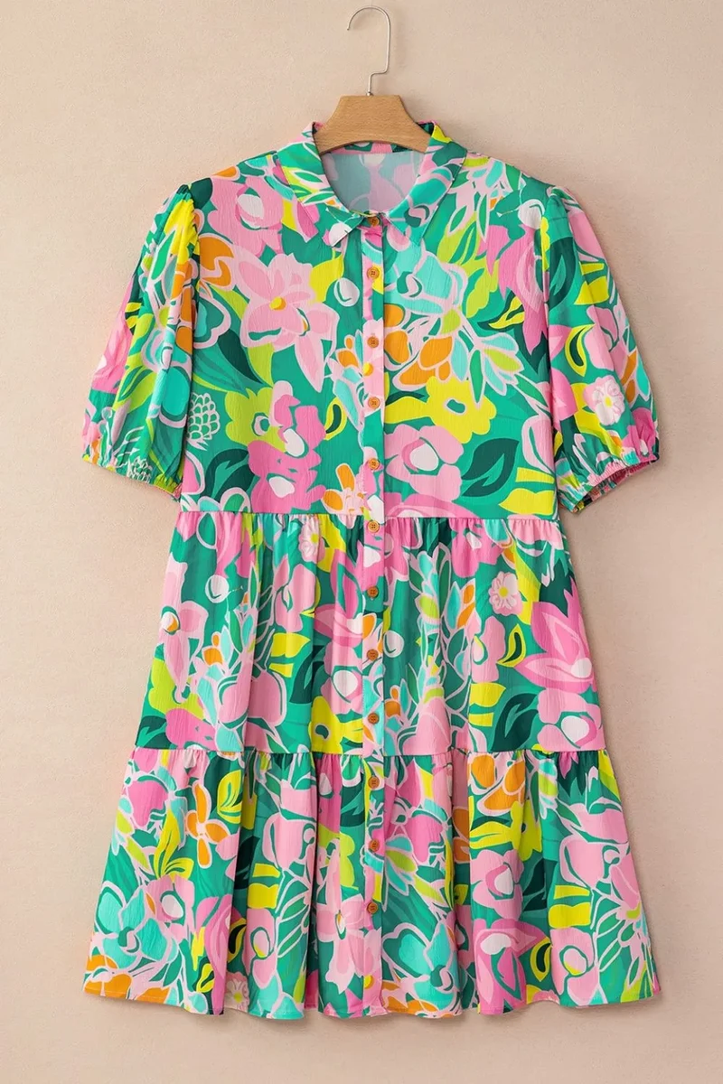 Robe babydoll boutonnée à manches bouffantes et à fleurs