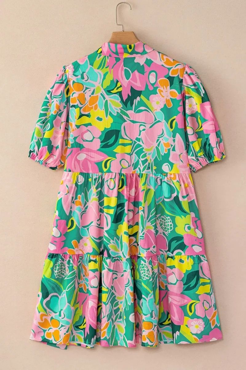Robe babydoll boutonnée à manches bouffantes et à fleurs