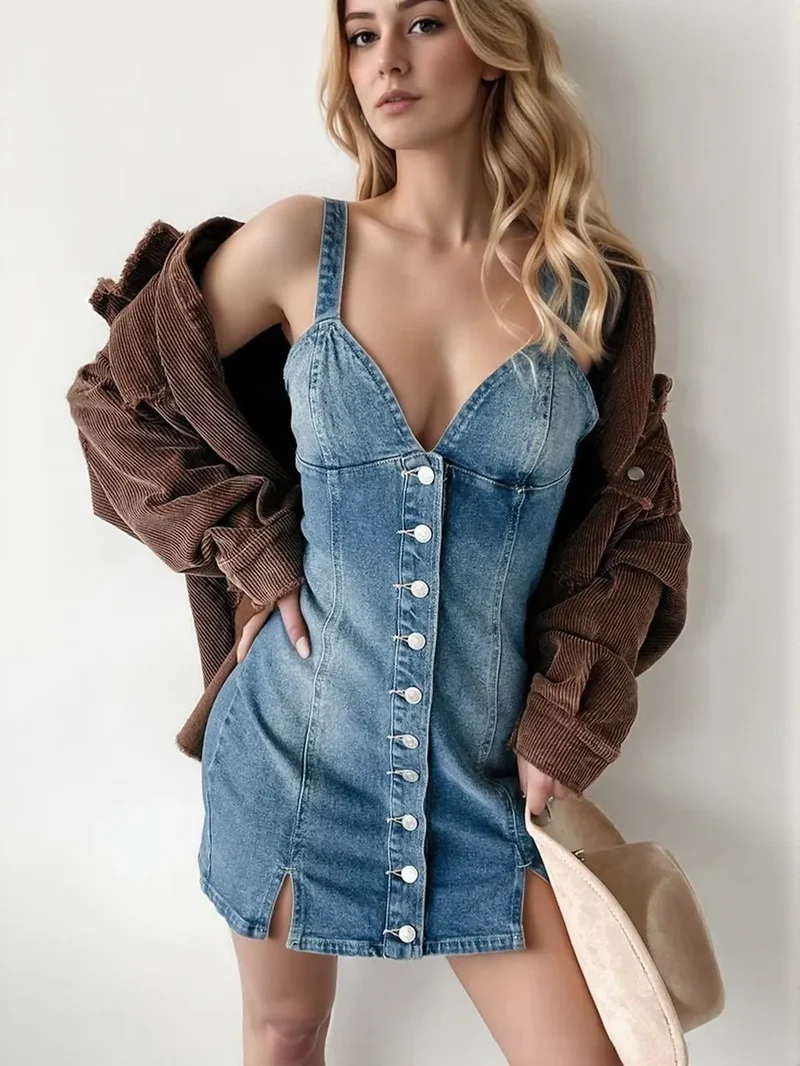 Robe mini en jean boutonnée