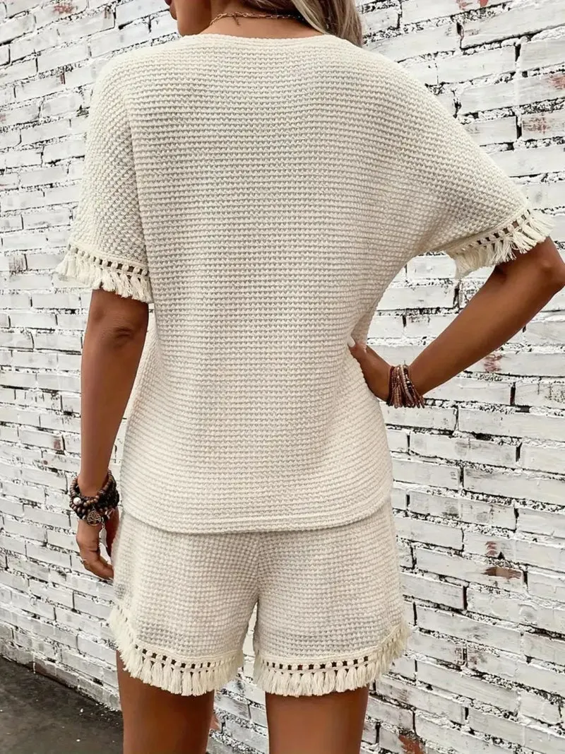 Ensemble haut à col rond et short à franges