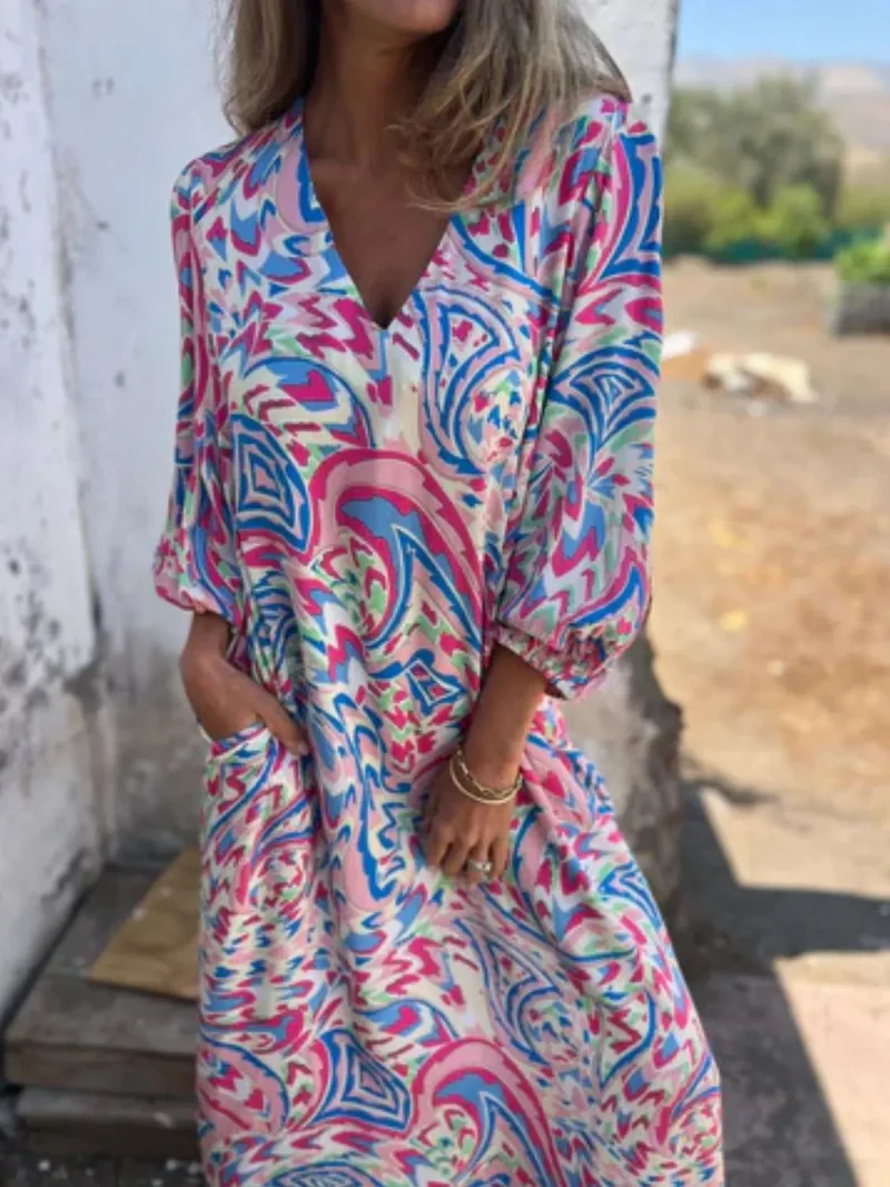 Robe imprimée à col en V et poches, grande taille