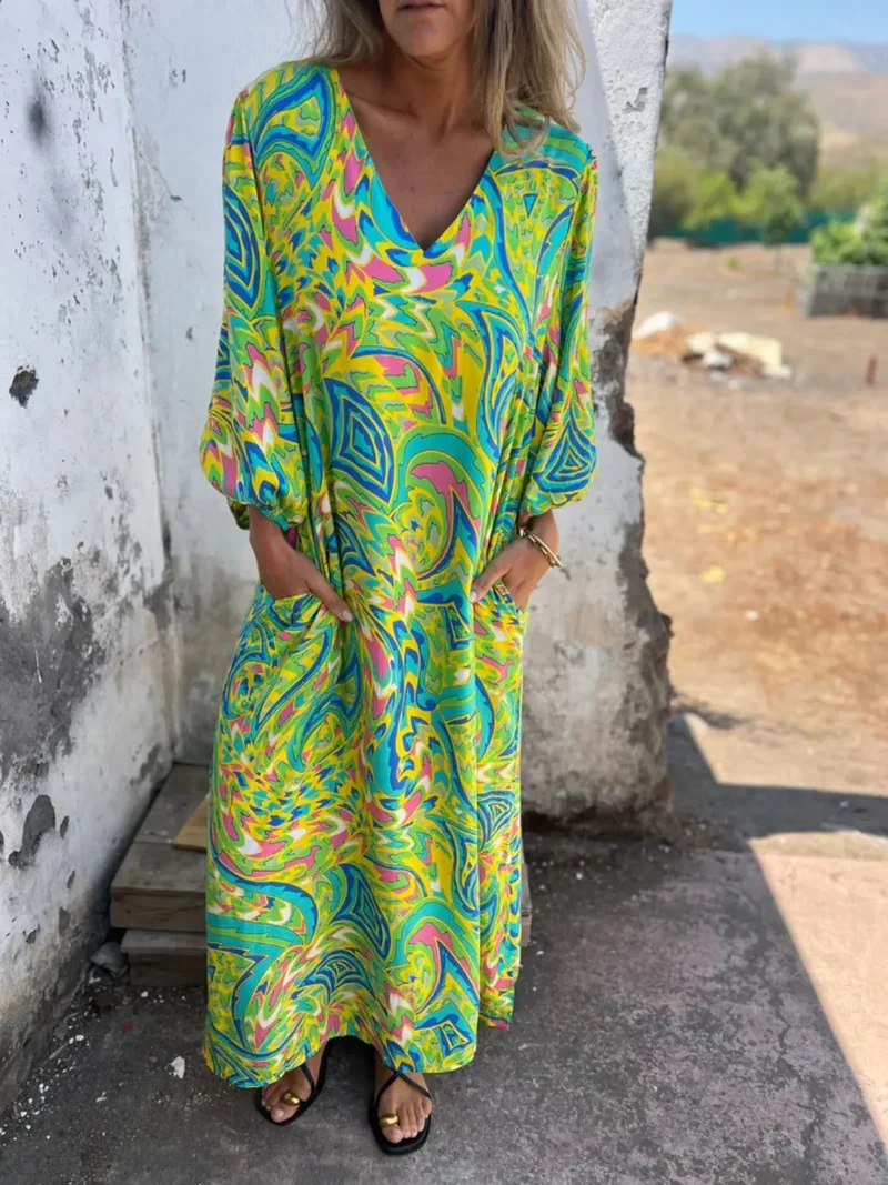 Robe imprimée à col en V et poches, grande taille