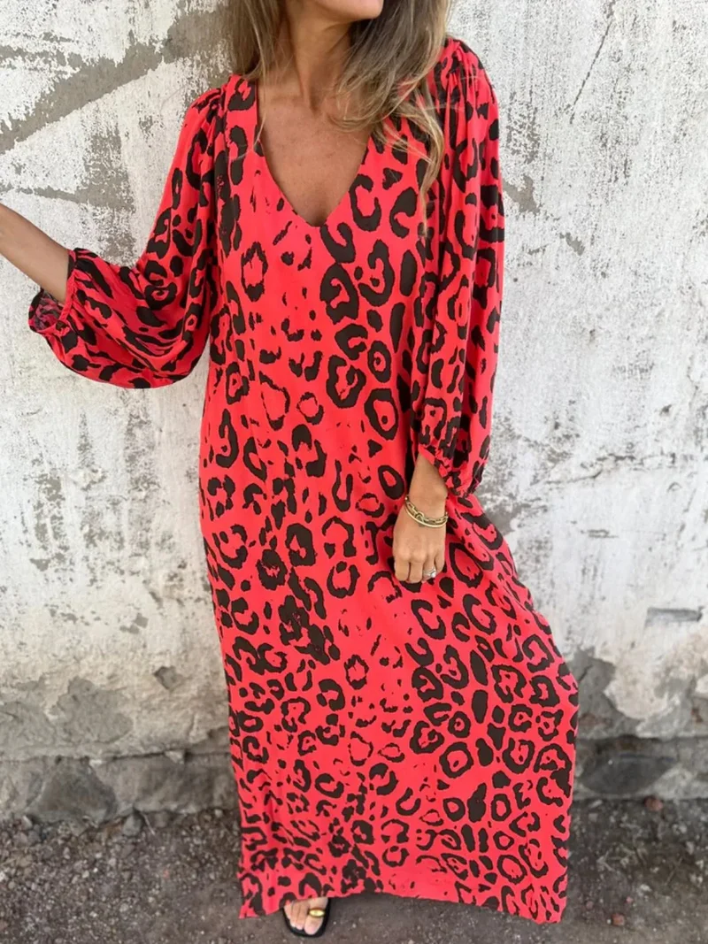 Robe imprimée à col en V et poches, grande taille