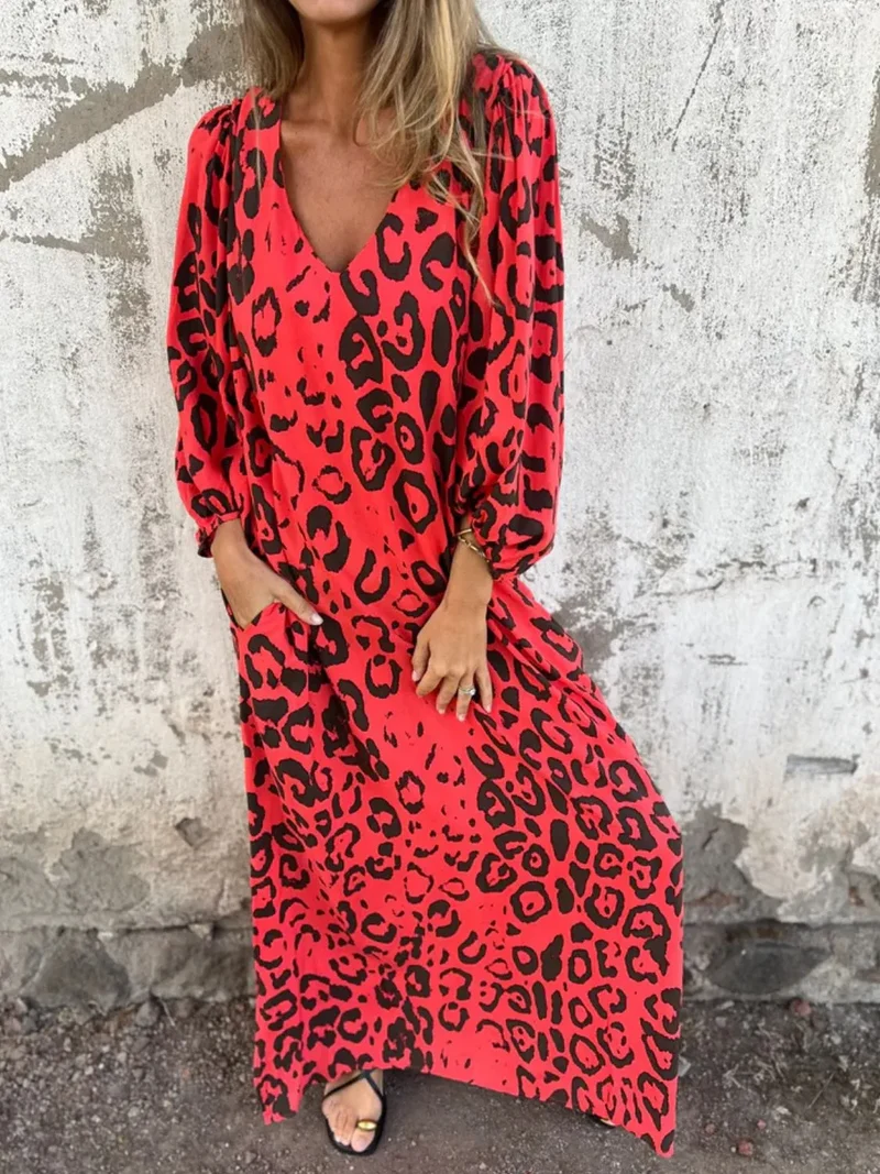 Robe imprimée à col en V et poches, grande taille