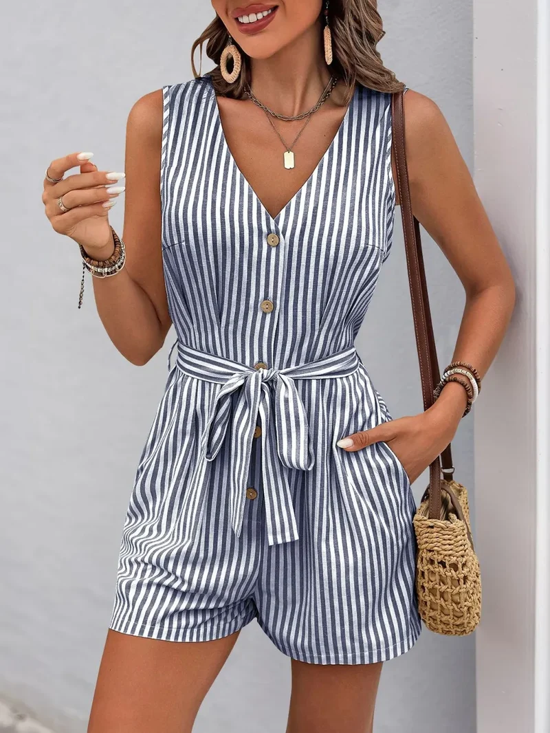 Combinaison rayée à col en V et ceinture nouée Perfee