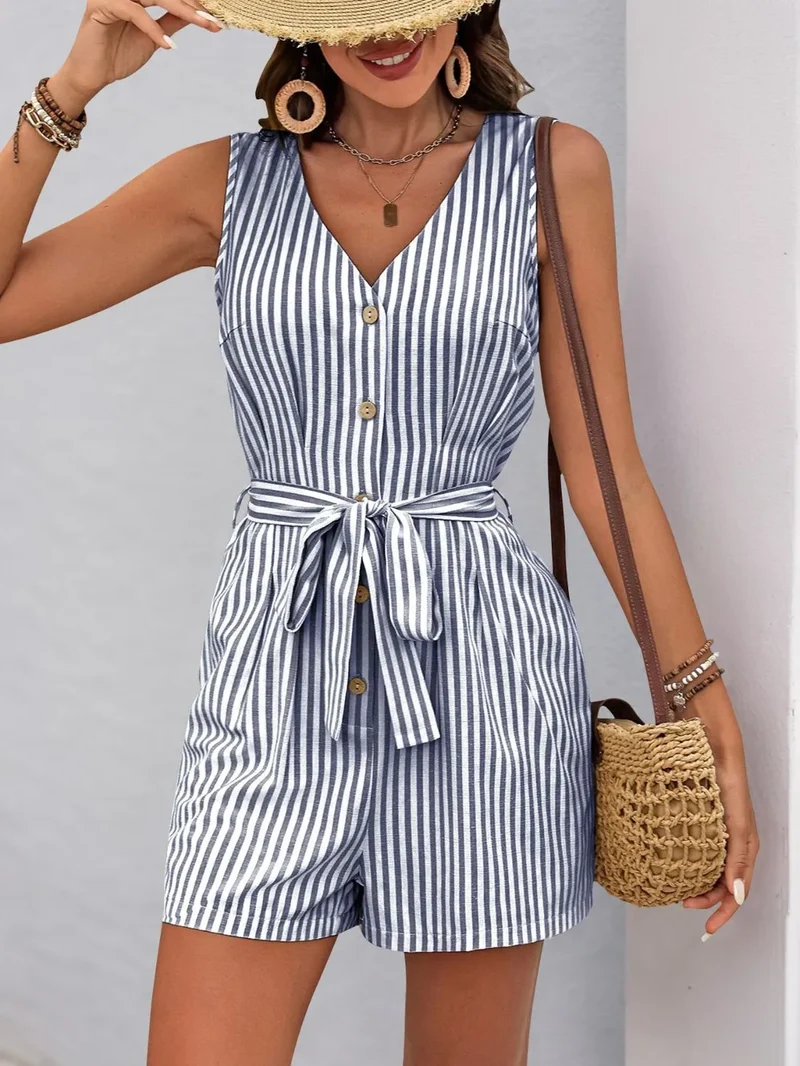 Combinaison rayée à col en V et ceinture nouée Perfee