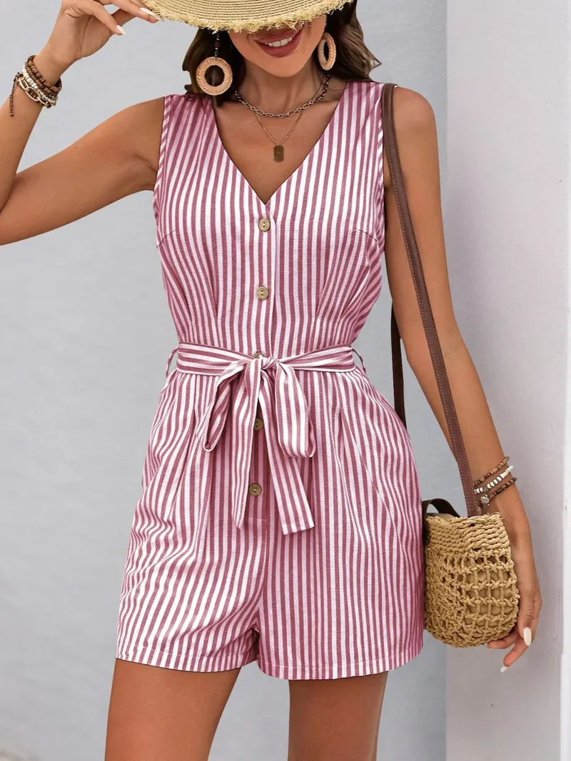 Combinaison rayée à col en V et ceinture nouée Perfee