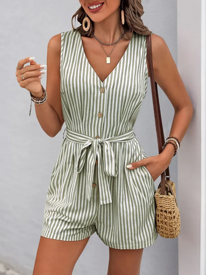 Combinaison rayée à col en V et ceinture nouée Perfee