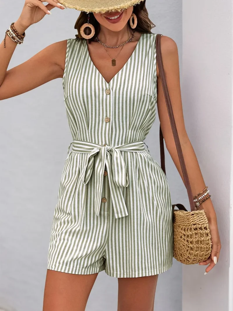 Combinaison rayée à col en V et ceinture nouée Perfee