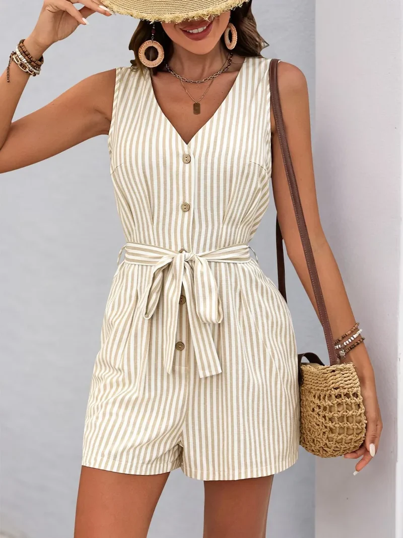Combinaison rayée à col en V et ceinture nouée Perfee